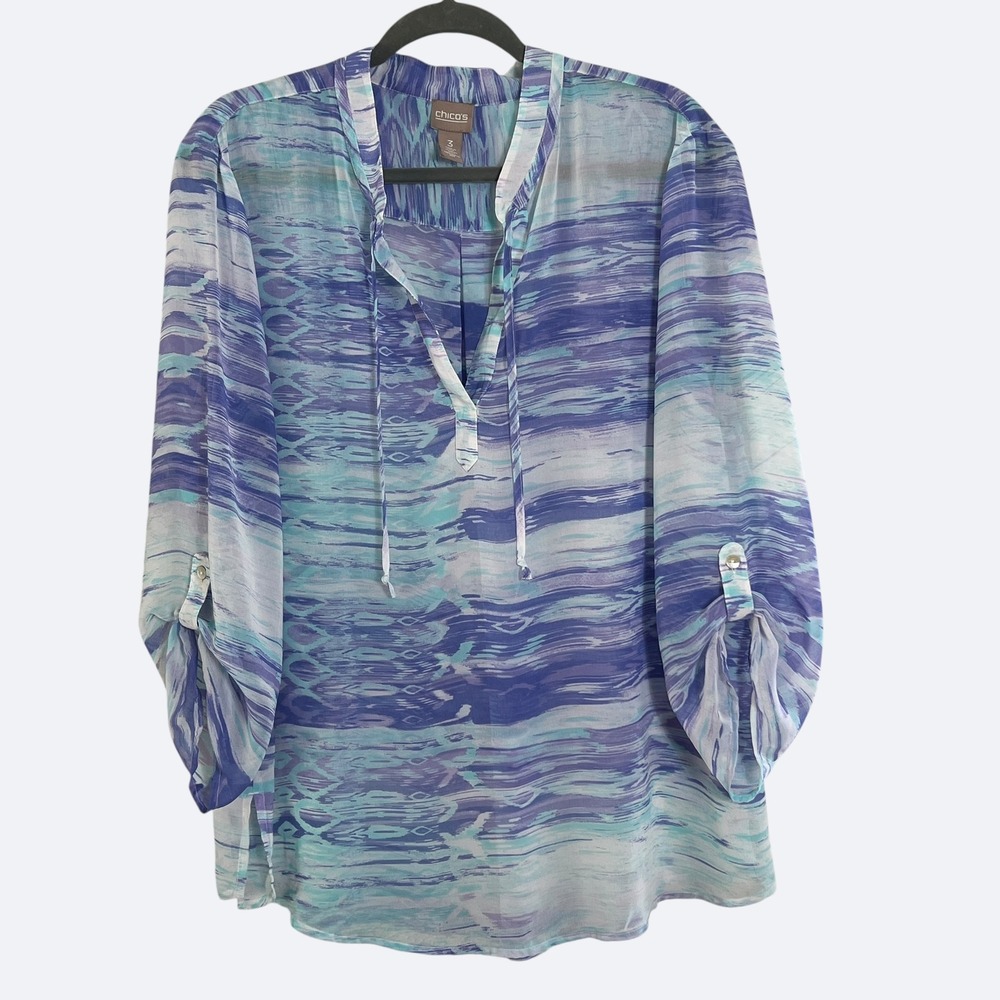 Chicos Blue Purple Abstract Watercolor Sheer Roll Tab Sleeve Tunic Blouse Size 3
